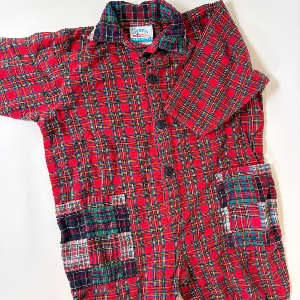 VTG Golden‎ Rainbow Coveralls Collared Romper Plaid Madras Pockets 24 Months